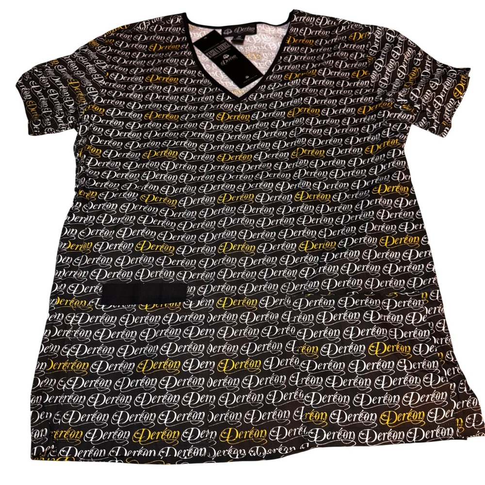 House of Dereon Beyonce Sasha Fierce Logo Print V-Neck Black Gold Medium